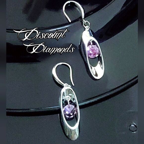 Round Pink Crystal Long Dangle Fishhook Earrings on 925 Silver - Picture 5 of 10